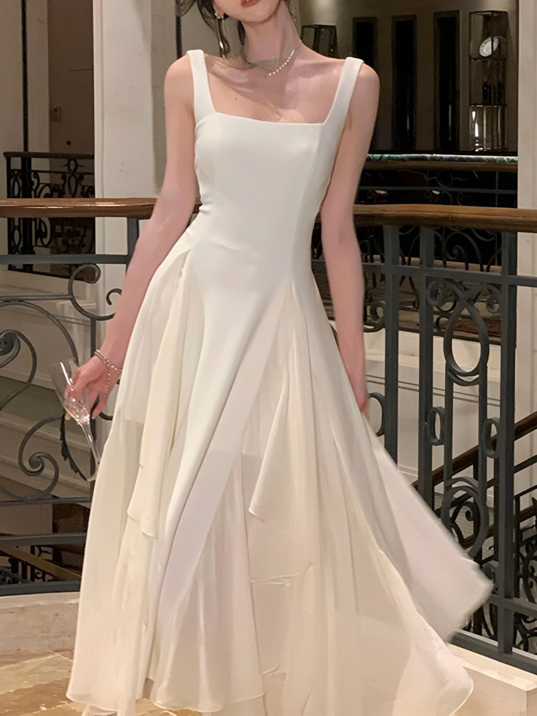 White Tiered Asymmetric Square Neckline A-line Dress