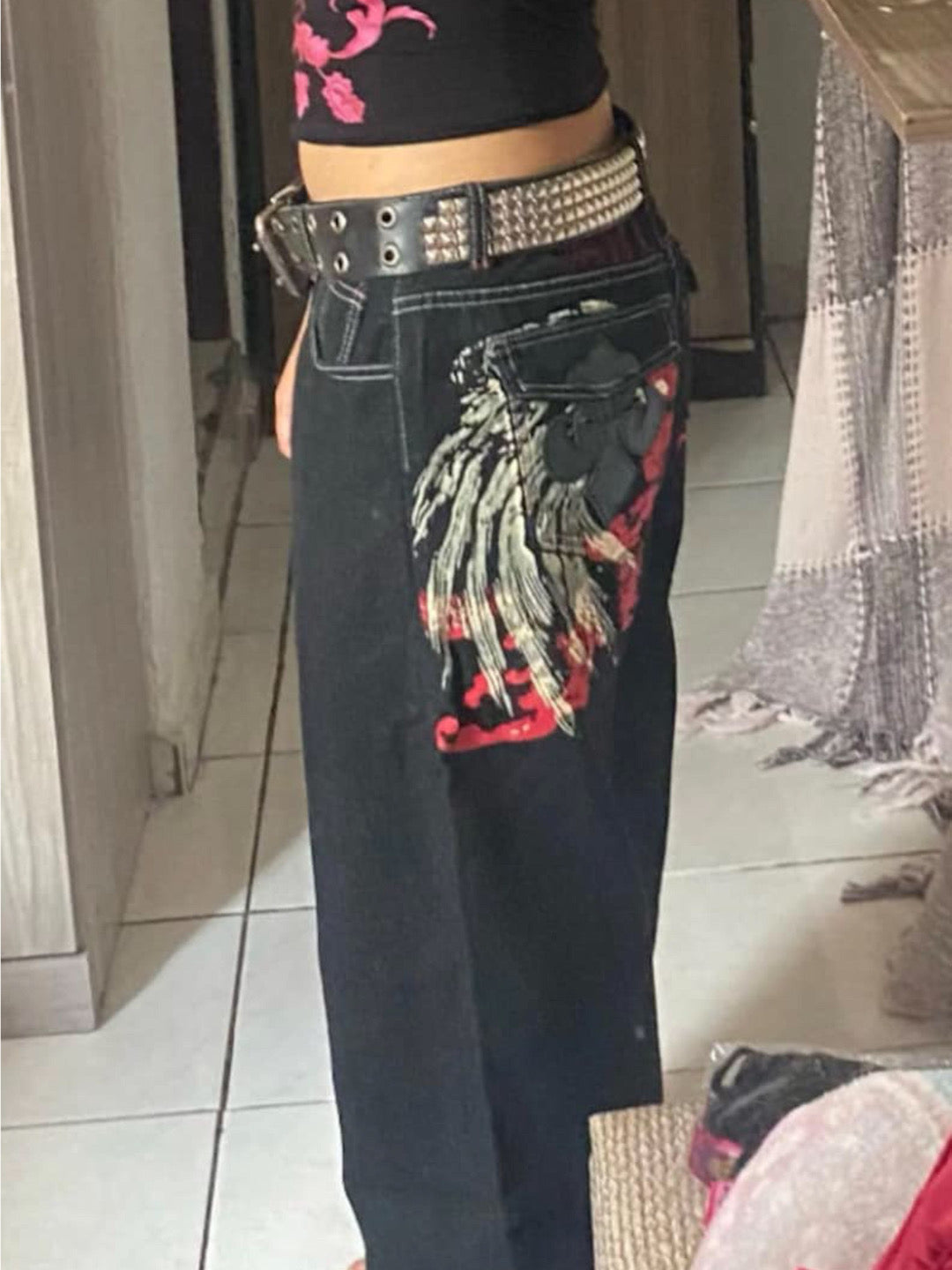 Wings Motif Baggy Jeans Shorts