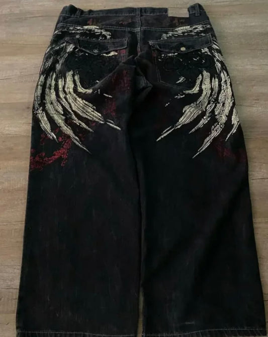 Wings Motif Baggy Jeans Shorts